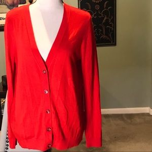 Red lightweight cardigan, button front with exposed zipper in back!